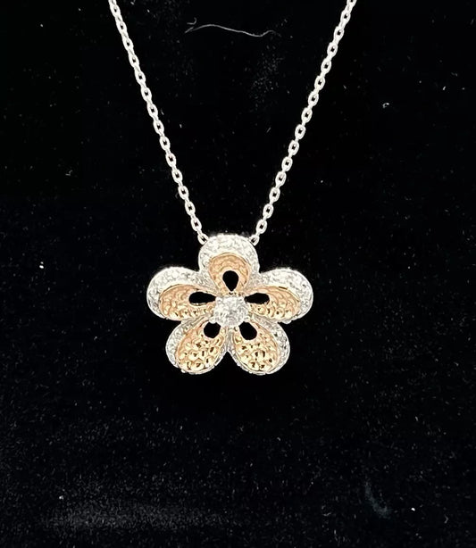 .925 Sterling 18" Flower Necklace with Gold Accents Cubic Zirconia