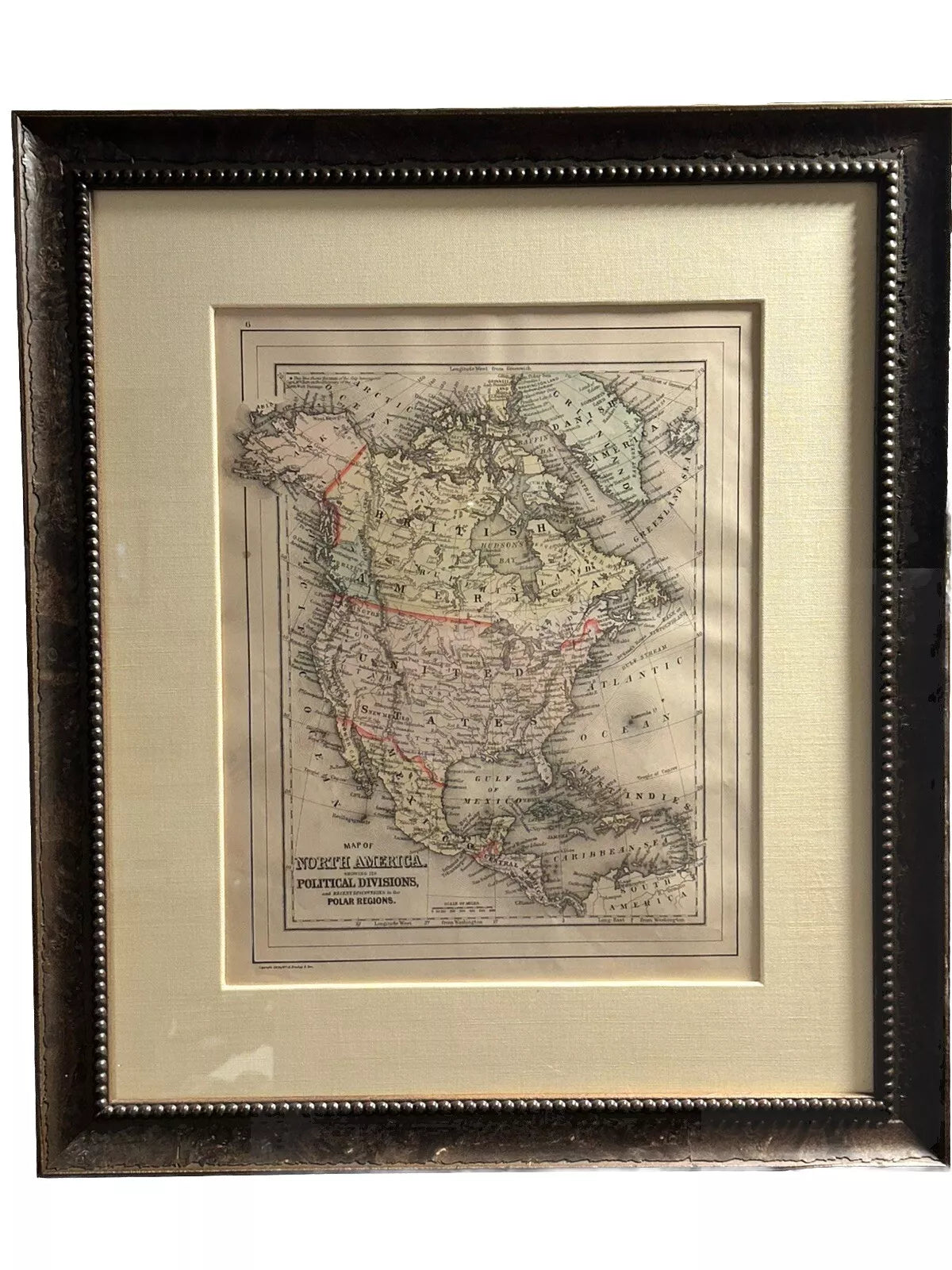 FRAMED 19th Century Colored Lithograph Map of North America Showing Its Political Divisions M Bradley & Bro