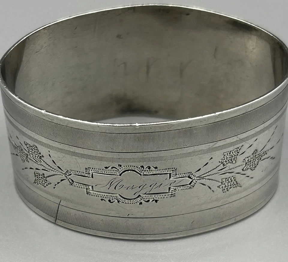 1870-1880 Sterling Silver Brite Cut Napkin Ring Name Engraved "Maggie"