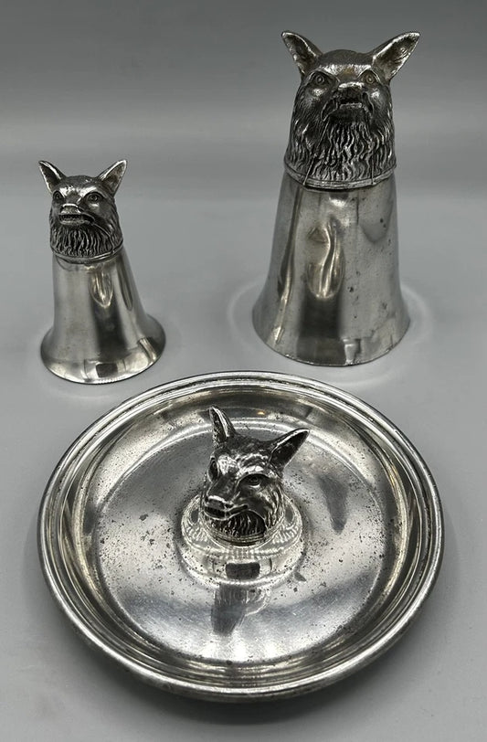 Set of 3 Vintage Pewter Fox Head Stirrup Cup Jigger Shot Glasses and Ashtray  5" & 3"