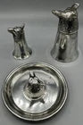 Set of 3 Vintage Pewter Fox Head Stirrup Cup Jigger Shot Glasses and Ashtray  5" & 3"