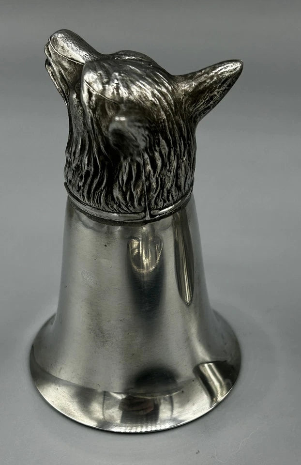 Set of 3 Vintage Pewter Fox Head Stirrup Cup Jigger Shot Glasses and Ashtray  5" & 3"