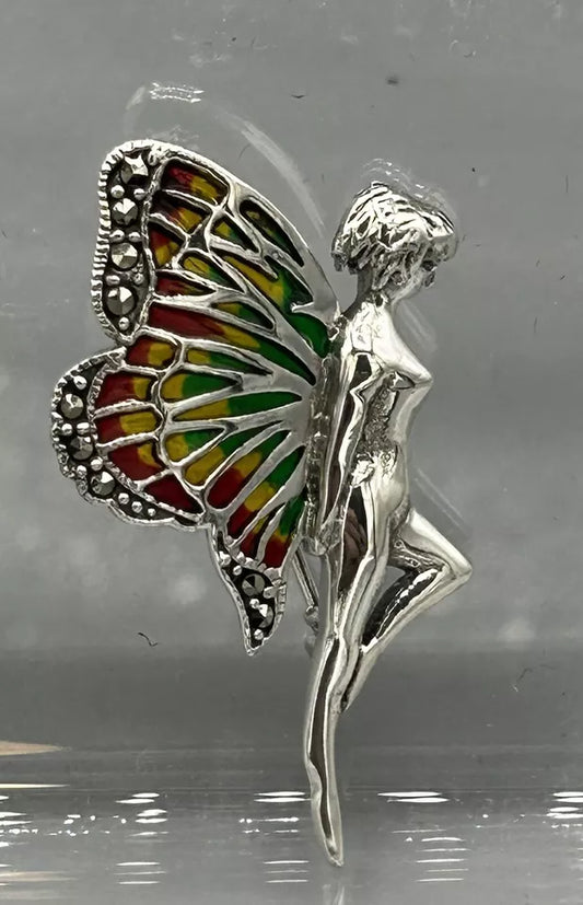 Art Nouveau Sterling Silver Vintage Style  Enamel FAIRY BROOCH Pin w/ Marquisate