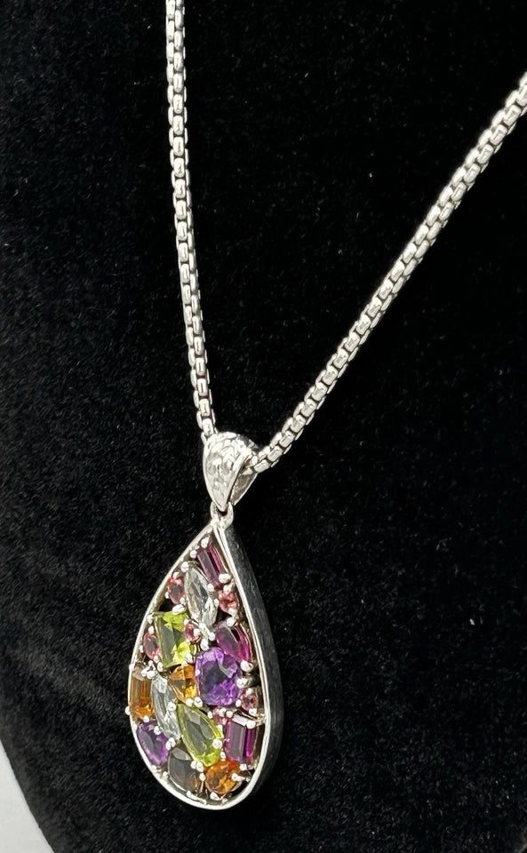 Sterling Teardrop Pendant Amethyst, Topaz, Garnet, Peridot with Chain Signed AJ